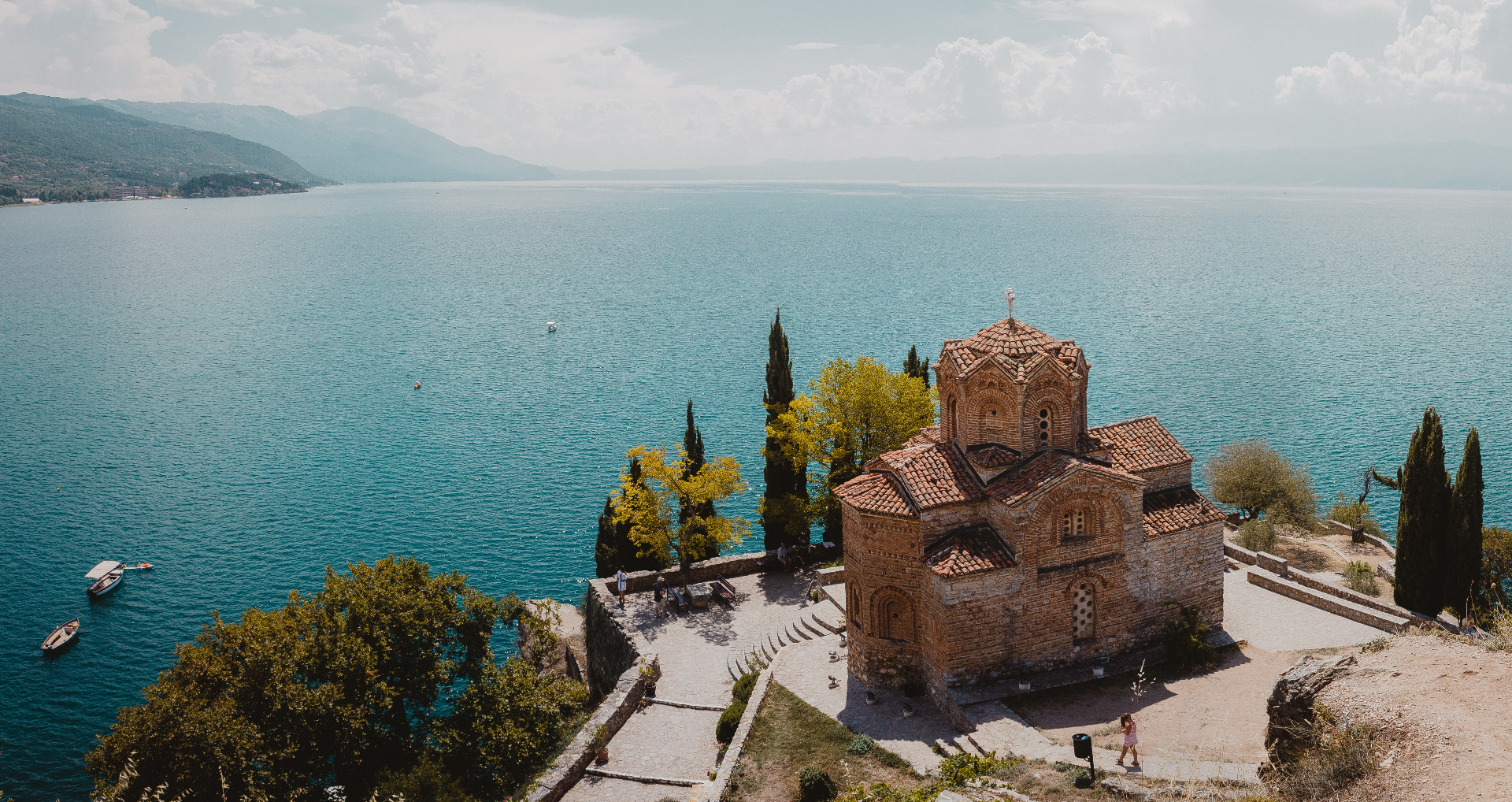 Aerial view of the Church of St. John at Kaneo overlooking Lake Ohrid in North Macedonia