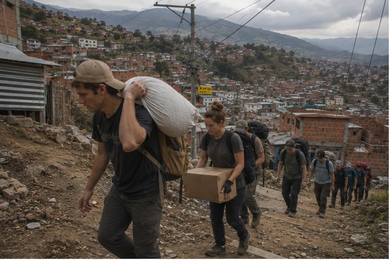 Carrying supplies up a Bogotá hillside