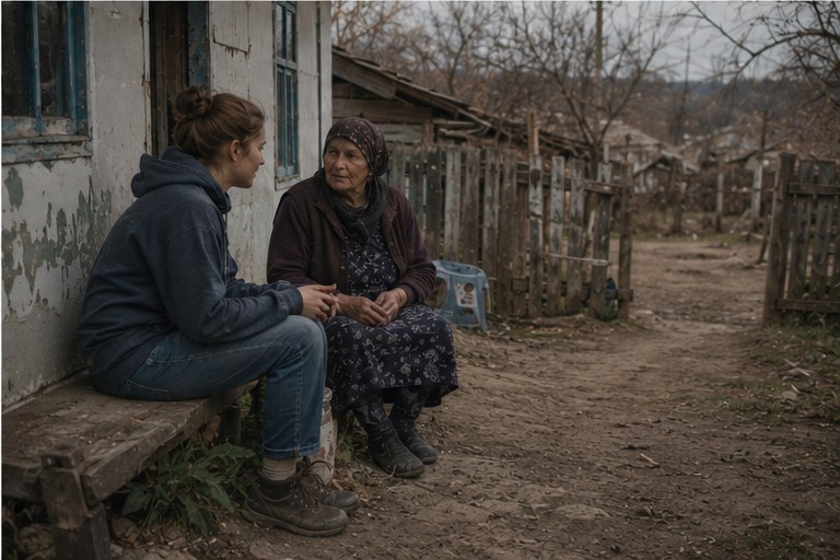 Sitting with an elder outside her home