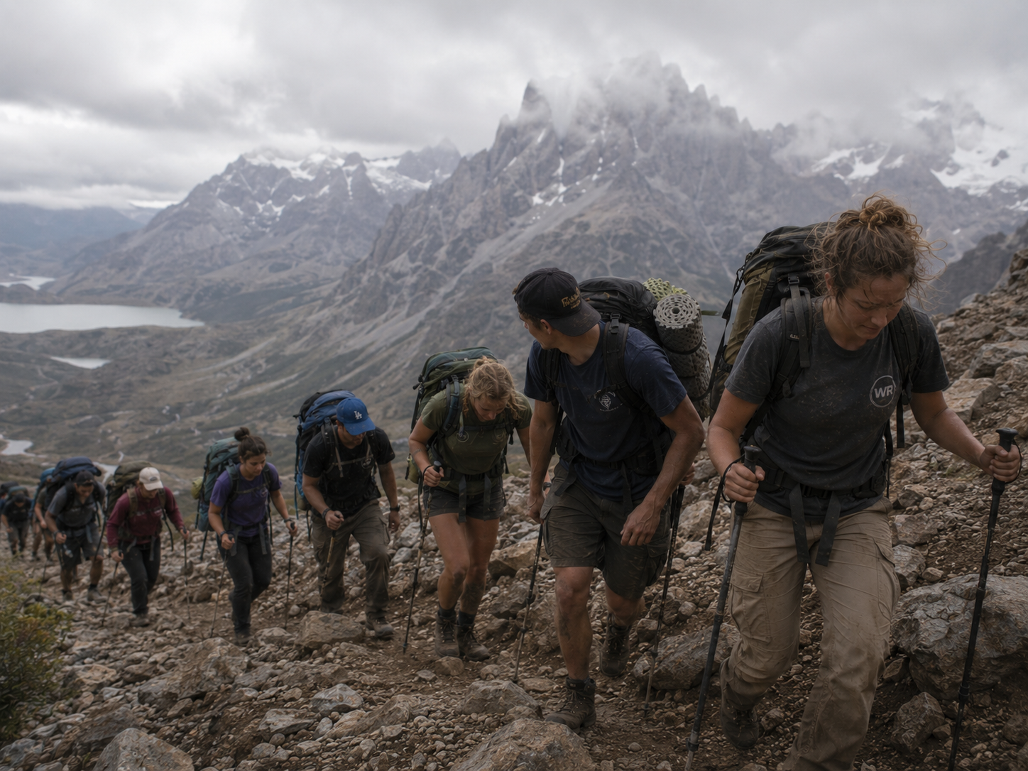 Squad ascending a Patagonia ridge with Fitz Roy in the clouds